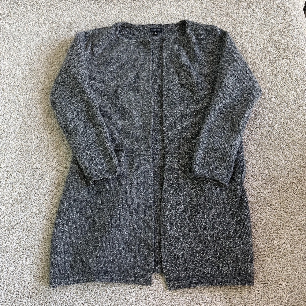 Talbots Cardigan Sweater Womens M Gray Open Front Longline Knit Long Sleeve